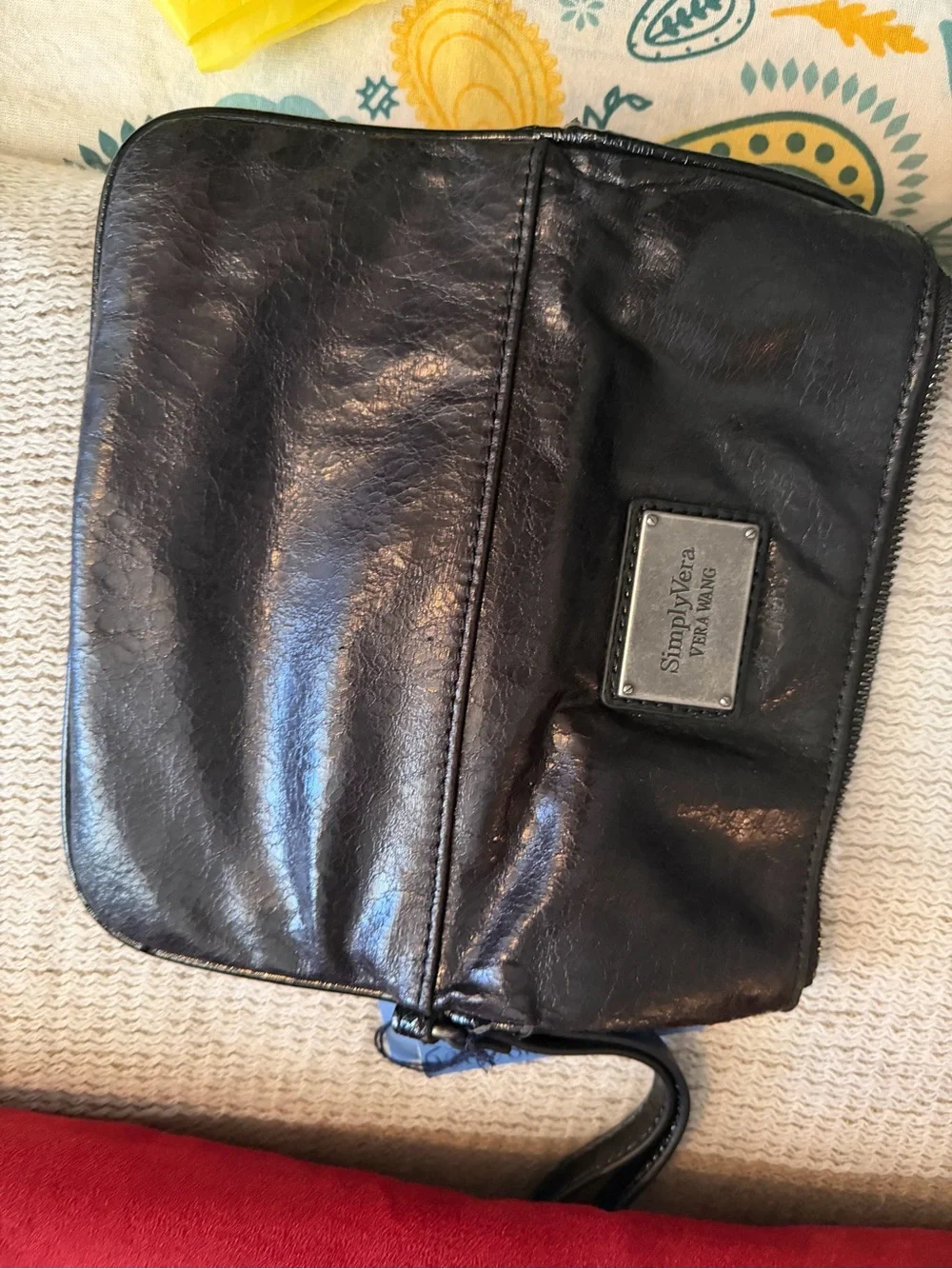 Simply Vera Vera Wang Black Leather Wristlet Clutch with Front Zip Pocket